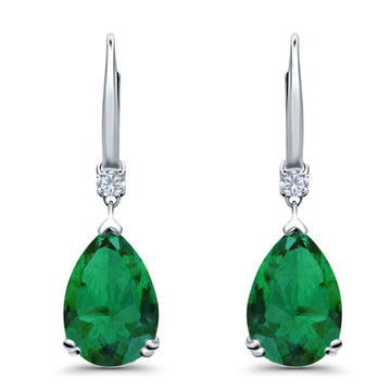 Pear Shape Dangling Leverback Earrings Wedding Simulated Green Emerald CZ 925 Sterling Silver (22mm)